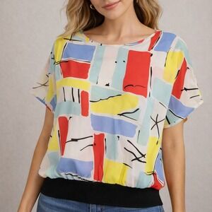 Vintage Oraré Blouse Abstract Colorblock Sheer Black Banded Hem Womens Large USA